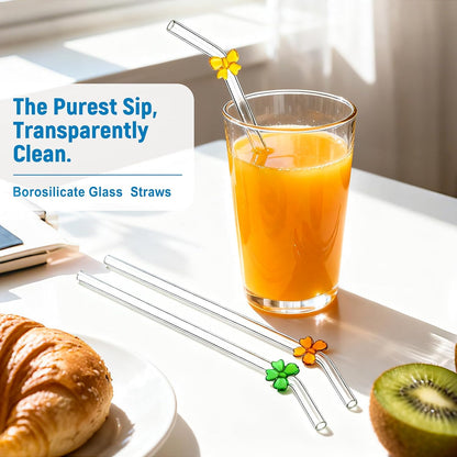 Cute Glass Straws with Charms, Bent 8mm 9in Clear Borosilicate Reusable Drinking Straws with Handmade Colored Bows for Cocktail, Iced Coffee, Tumbler, Mason Jars, Party & Gift Set with Case and Brush