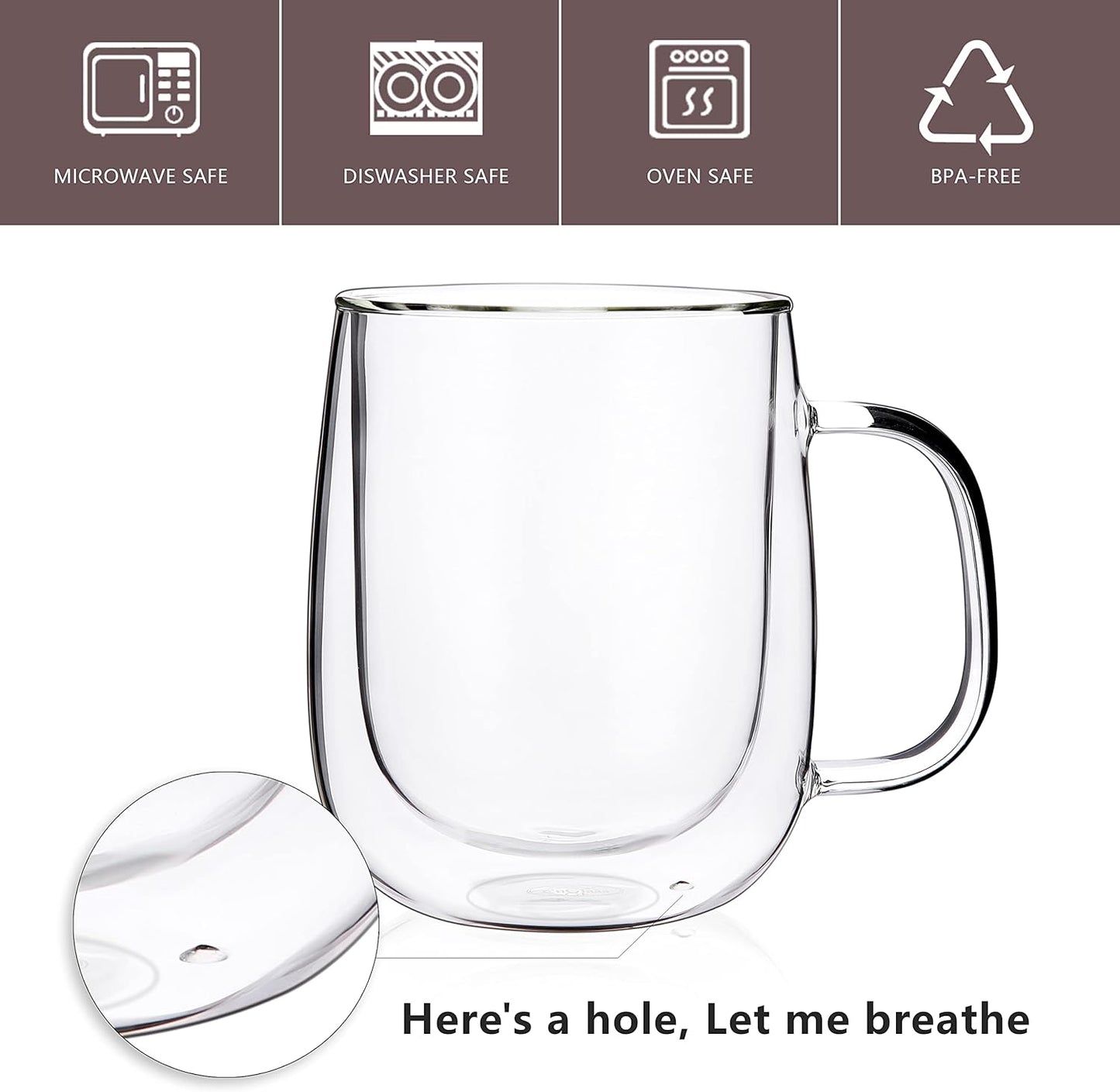 CNGLASS Glass Coffee Mugs 12oz,Double Wall Insulated Mug Set with Handle,Clear Glass Espresso Mugs for Latte,Cappuccino,Tea Bag,Hot and Cold Beverages,Set of 4