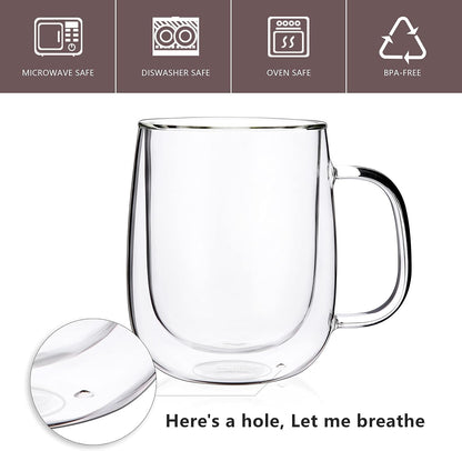 CNGLASS Large Double Wall Glass Coffee Mug 15.2oz,Clear Insulated Glass Espresso Cup with Big Handle,Clear Glass Espresso Mugs for Latte,Cappuccino,Tea Bag,Hot and Cold Beverages,set of 4