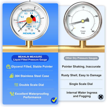 MEANLIN MEASURE 0~10Psi Stainless Steel 1/4" NPT 2.5" FACE DIAL with Reset Pointer Liquid Filled Pressure Gauge WOG Water Oil Air, Back Mount, with Brass Hex Bushing