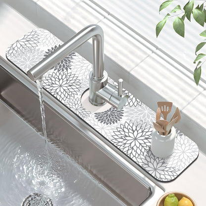 Findosom 2PCS 16" x 24" Dish Drying Mat & 24" x 5.5" Sink Splash Guard, Super Absorbent & Cuttable Dish Mat Drying Kitchen Mat with Gray Floral, Hide Stain Drying Mat for Kitchen Counter