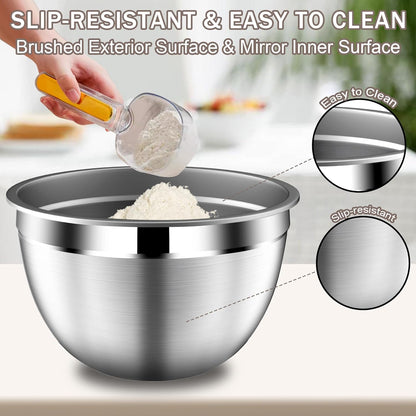 Stainles Steel Mixing Bowls with Lids Set, Stackable Metal Mixing Bowl with Strainer, 5-Piece - Beige
