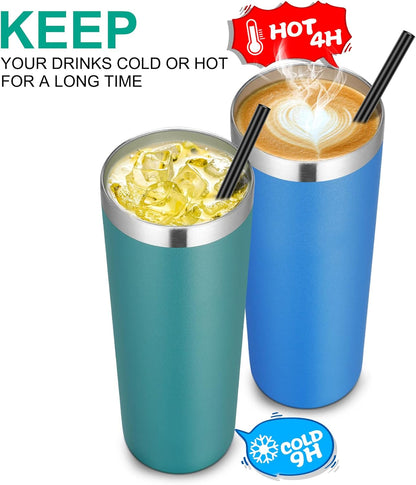 VEGOND Stainless Steel Tumblers Bulk 6 Pack, 20 oz Vacuum Insulated Skinny Tumblers with Lid and Straw, Double Wall Coffee Mug, Travel Water Cup, Dark Green