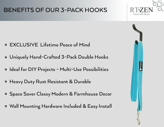 RTZEN Wall Mount Hook Set - Wrought Iron Decorative Rustic Metal Coat Hooks for Hanging - Handcrafted Classic Farmhouse Wall Mounted Black Hooks for Towel Robe or Hat Hanging - 3 Pack