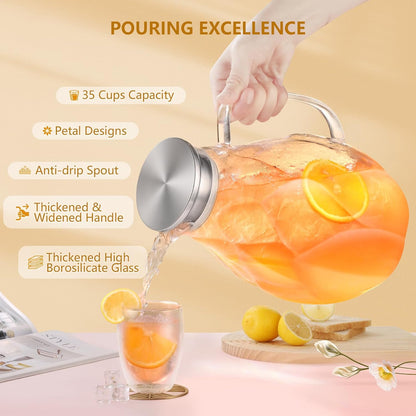 Glass Pitcher With Lid, 102oz Unique Petal Design, Stainless Steel Large Iced Tea Pitcher, Easy To Clean Lightweight Borosilicate Glass For Cold And Hot Beverages