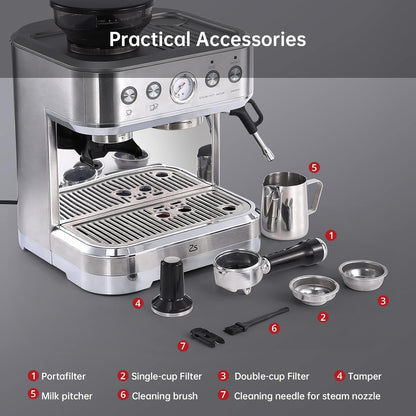15 Bar Express Espresso Machine with Built-in Grinder,Stainless Steel Semi Automatic Espresso Maker,Dual PID Control, 80oz Water Tank,Heating, Milk Frother & Auto-Cleaning,for Lattes and Cappuccinos