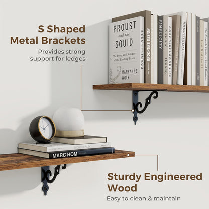 RICHFOCUS Floating Shelves for Wall Decor, 8 Inch Deep Floating Shelves Set of 2, 16W x 8D Shelves Wall Mounted with Metal Brackets, Wood Shelves for Living Room Bedroom Kitchen, Rustic Brown