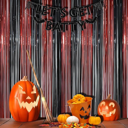 BRAVESHINE Tinsel Photo Backdrop Curtains - 2 Pack 3.2x8.2ft Black Red Foil Fringe Streamer Curtain for Halloweens, Lantern, Pumpkin, Home, Indoor or Outdoor Party Supplies Decorations