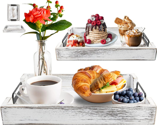 Rustic Wooden Serving Trays with Handle - Set of 2 - Large and Small Nesting Multipurpose Trays - for Breakfast, Coffee Table/Butler & More - Rustic White