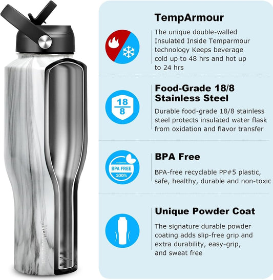 HYDROWION 40 oz Insulated Water Bottle with Straw fit in Car Cup Holder(Cold 48 hrs, Hot 24 hrs) Drinking Bottle with Straw Lid, Spout Lid and Flex Cap Leakproof Travel Thermo Mug，Marbling