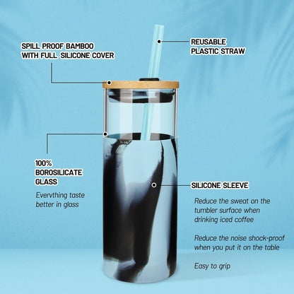 Tronco 20 oz Glass Tumbler with Straw and Bamboo Lid, Iced Coffee Cup Reusable, Smoothie Cups, Tumbler with Silicone Protective Sleeve - BPA Free