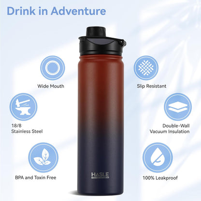 HASLE OUTFITTERS Insulated Water Bottle 22 oz Double Wall Stainless Steel Water Bottle Wide Mouth with Straw Lid & Spout Lid Keeps Cold or Hot(Ruby Purple Gradient,1)