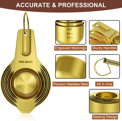Wildone Gold Measuring Cups & Spoons Set of 21 - Includes 7 Stainless Steel Nesting Measuring Cups, 8 Measuring Spoons, 1 Leveler & 6 Mini Measuring Spoons, Ideal for Dry & Liquid Ingredients