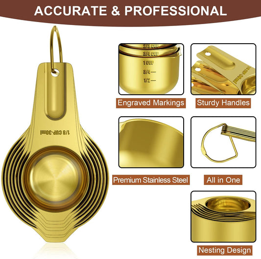 Wildone Gold Measuring Cups & Spoons Set of 21 - Includes 7 Stainless Steel Nesting Measuring Cups, 8 Measuring Spoons, 1 Leveler & 6 Mini Measuring Spoons, Ideal for Dry & Liquid Ingredients
