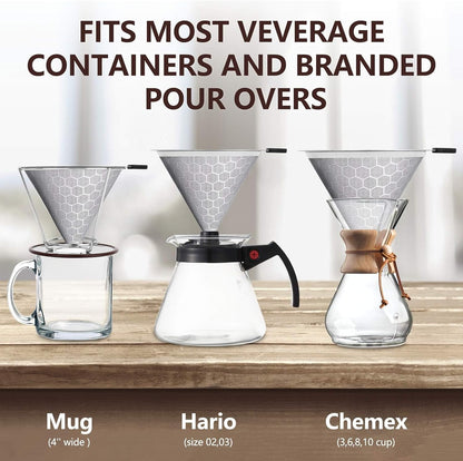 Pour Over Coffee Dripper, Reusable Stainless Pour Over Coffee Maker for (1-4 Cup), Easy to Clean Paperless Pour Over Coffee Maker, Fine Mesh Coffee Strainer with Stand and Bonus Brush
