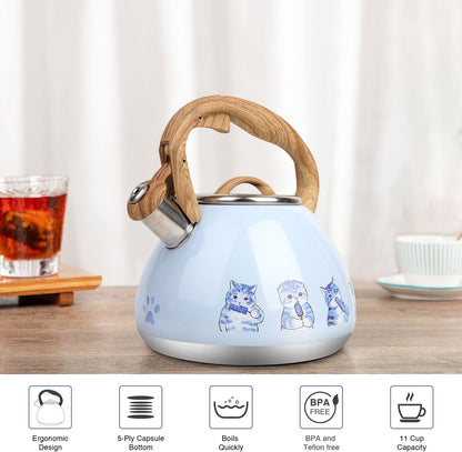 Tea Kettle, Toptier Teapot Whistling Kettle with Wood Pattern Handle Loud Whistle, Food Grade Stainless Steel Tea Pot for Stovetops Induction Water Kettle, 2.7-Quart Blue Cat
