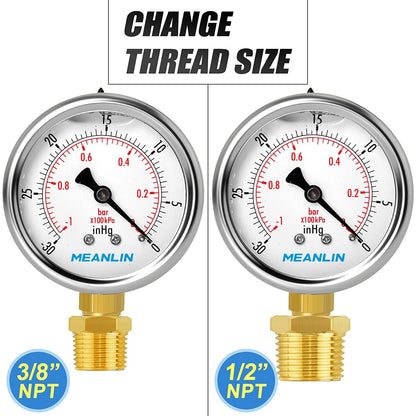 MEANLIN MEASURE -30inHG~0Psi Stainless Steel 1/4" NPT 2.5" FACE DIAL Vacuum Pressure Gauge, Lower Mount (Pack of 2), with 1/2" NPT and 3/8" NPT Hex Bushing