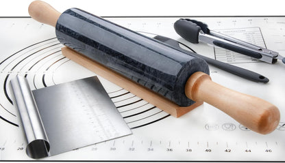 Marble Rolling Pin Set with Silicone Pastry Mat,Pastry Brush,Cooking Tongs,Stainless Steel Scraper18.5 inch Polished Non-Stick Roller for Pizza Dough,Fondant,Pie Crust(Gray Black)