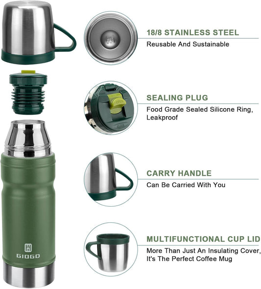 Vacuum Insulated Water Bottle Thermo Water Flask with Cup 680ml/23oz Stainless Steel Thermal Water Bottles Thermo for Hot and Cold Drinks Coffee Water(Green,Single)