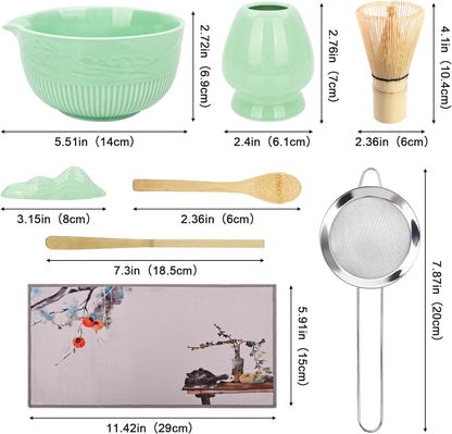 PHILORN Matcha Whisk Set 9Pcs Ceramic Matcha Kit Matcha Bowl with Spout, Whisk, Holder, Bamboo Scoop, Scoop Rest, Sifter and Tea Towe for Matcha Lover and Tea Ceremony (Cyan)