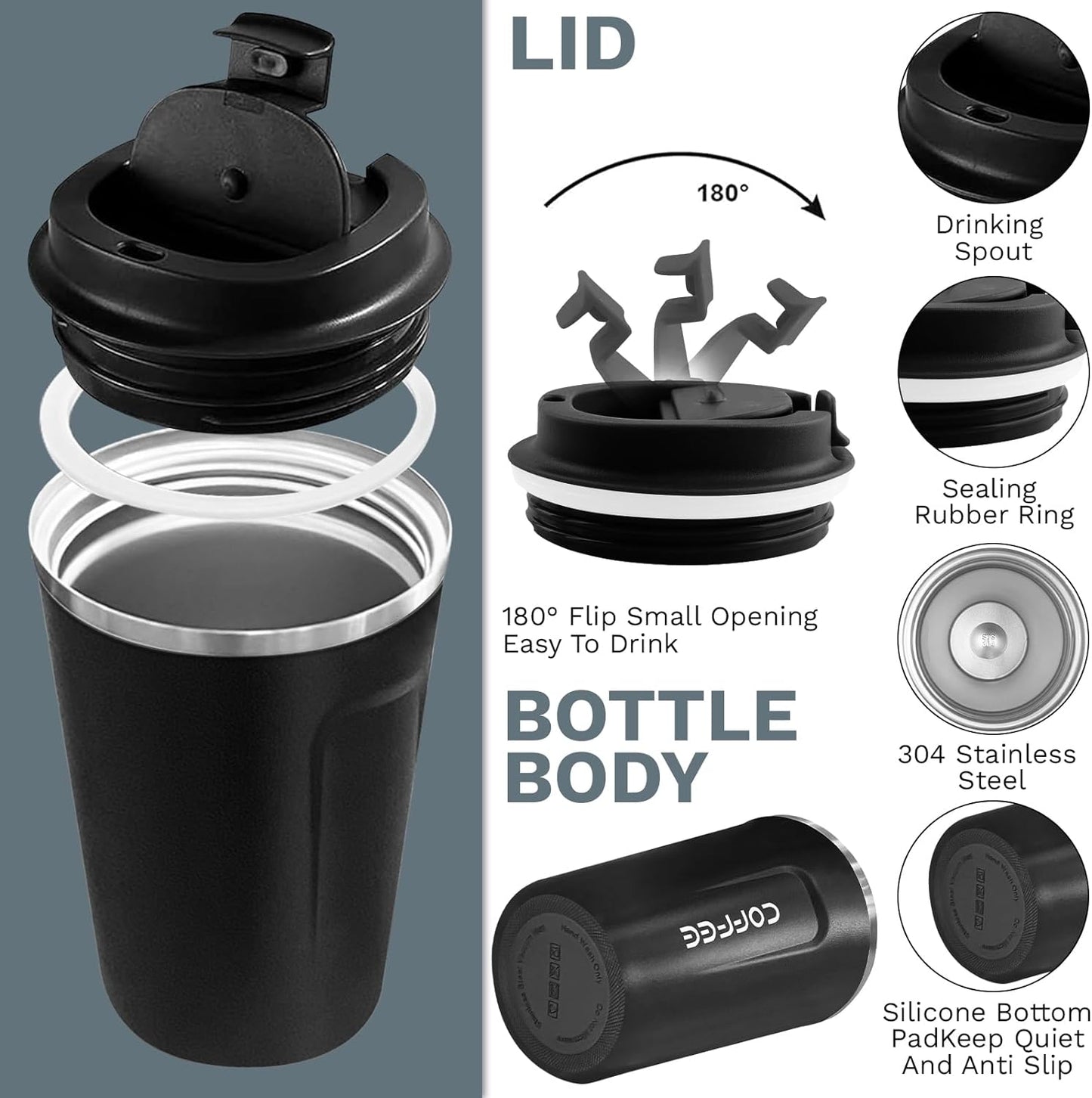 YINBAOGE Insulated Travel Coffee Mug Spill Proof Leak Proof Pobtable To Go Camping Stainless Steel Coffee Tumbler Reusable Coffee Cups with Lids Thermos for Hot and Cold Drink (2nd-Black, 12 OZ)