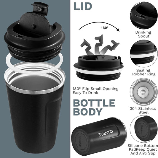 YINBAOGE Insulated Travel Coffee Mug Spill Proof Leak Proof Pobtable To Go Camping Stainless Steel Coffee Tumbler Reusable Coffee Cups with Lids Thermos for Hot and Cold Drink (2nd-Black, 12 OZ)