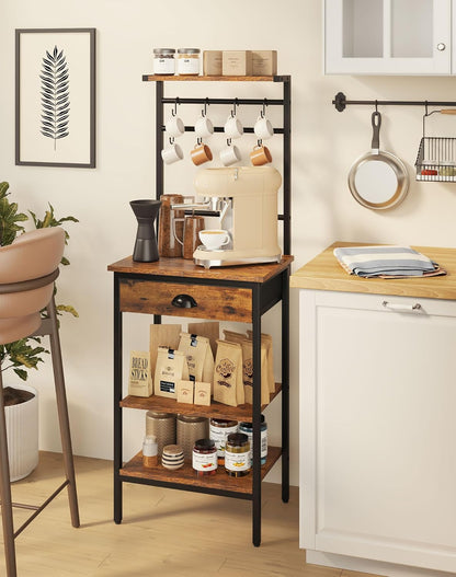 YMYNY 5 Tier Coffee Bar Station, Coffee Stand with Fabric Drawers, 8 S-Shaped Hooks, Corner Bar Cabinet, Height Adjustable, Bakers Rack for Kitchen, Living Room, Rustic Brown HBR009H