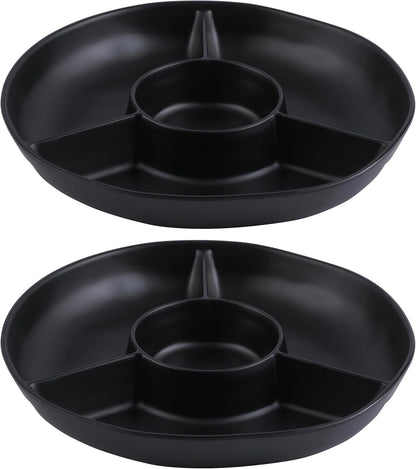Chip & Dip Serving Tray Set, 4 Sectional Round Melamine Serving Platter, Relish Tray, Round Compartment Appetizer platter for Veggies, Candy and Snacks, Matte Black, Set of 2