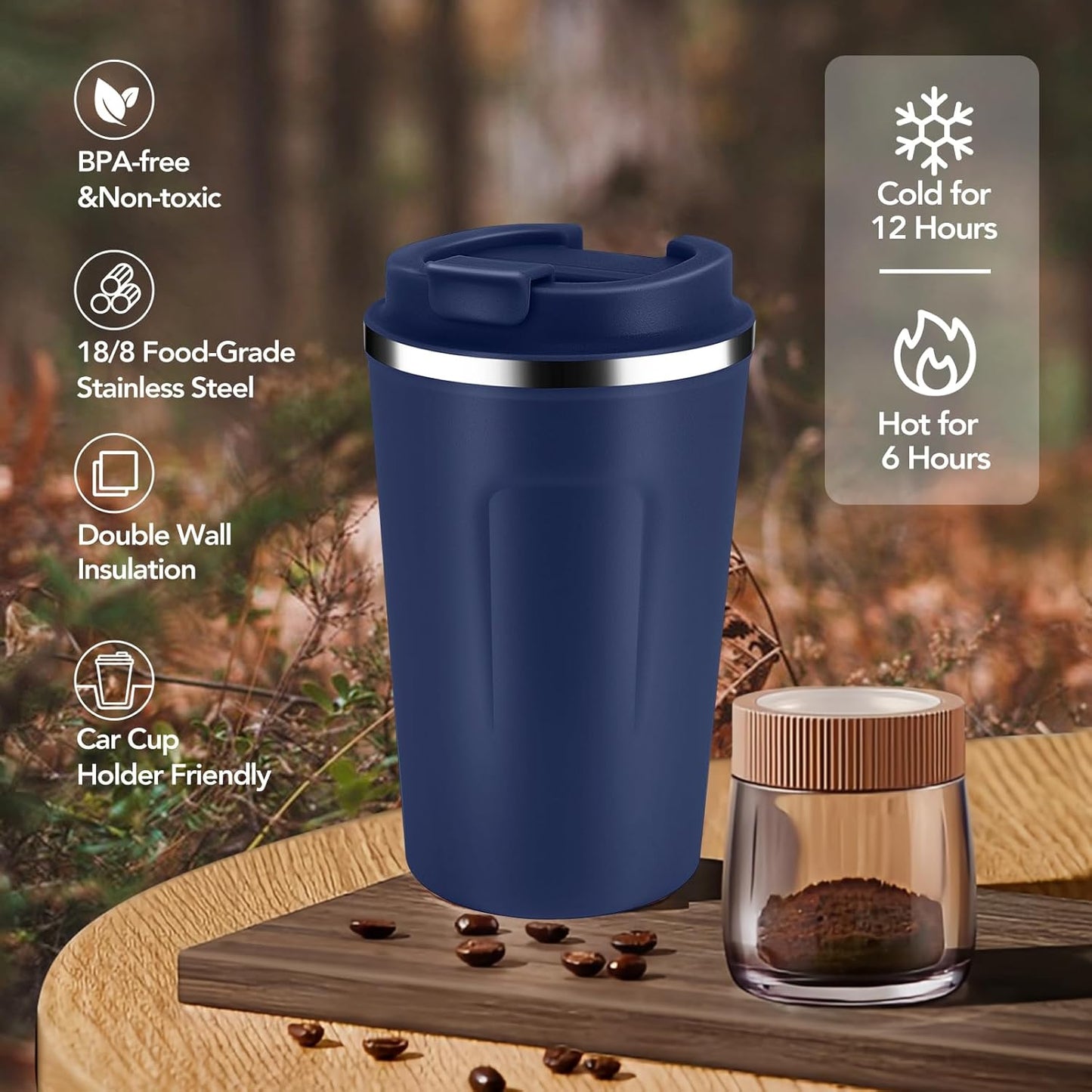Volhoply 12 oz Double Wall Insulated Vacuum Travel Coffee Mugs with Flip Lid Bulk 2 Pack,Reusable Stainless Steel Leak Proof Coffee Cup,Portable Cafe Thermal Tumbler for Hot & Cold Drinks(Navy,2 Set)