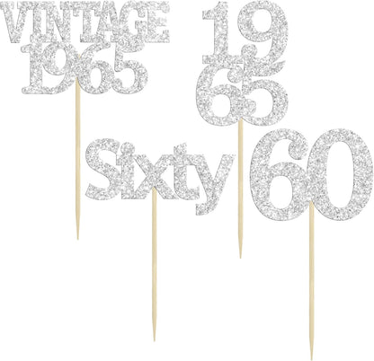 Gyufise 24Pcs 60th Birthday Cupcake Toppers Cheers to 60 Fabulous Sixty Cupcake Picks Vintage 1965 Decorations for 60th Birthday Wedding Anniversary Party Cake Decorations Supplies Silver