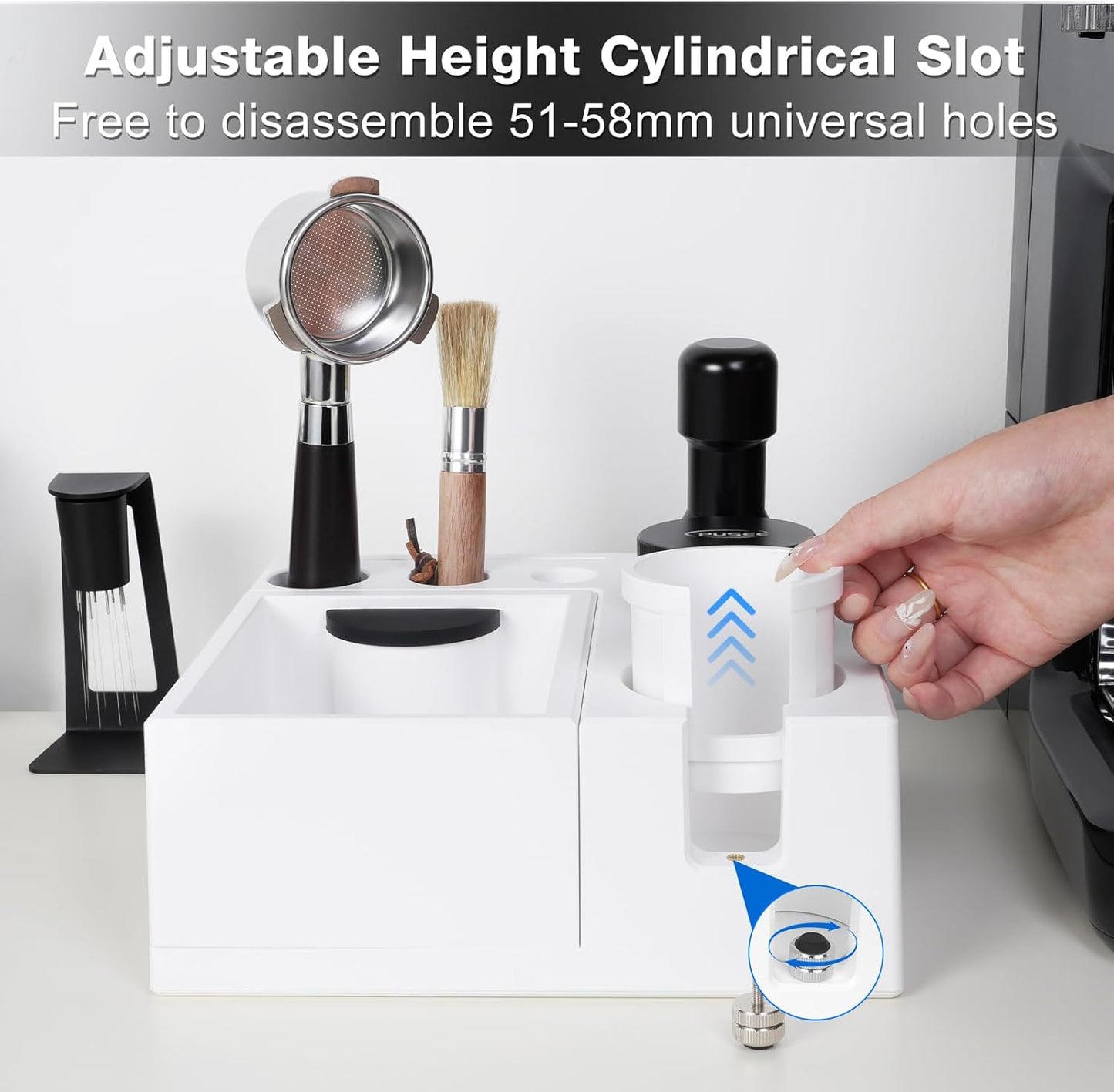 PUSEE Espresso Knock Box & Tamp Station, 9 in 1 Espresso Organizer, Fit 51,54,58MM Tamper, Distributor, Portafilter & Puck Screen Accessories, Detachable Knock Box