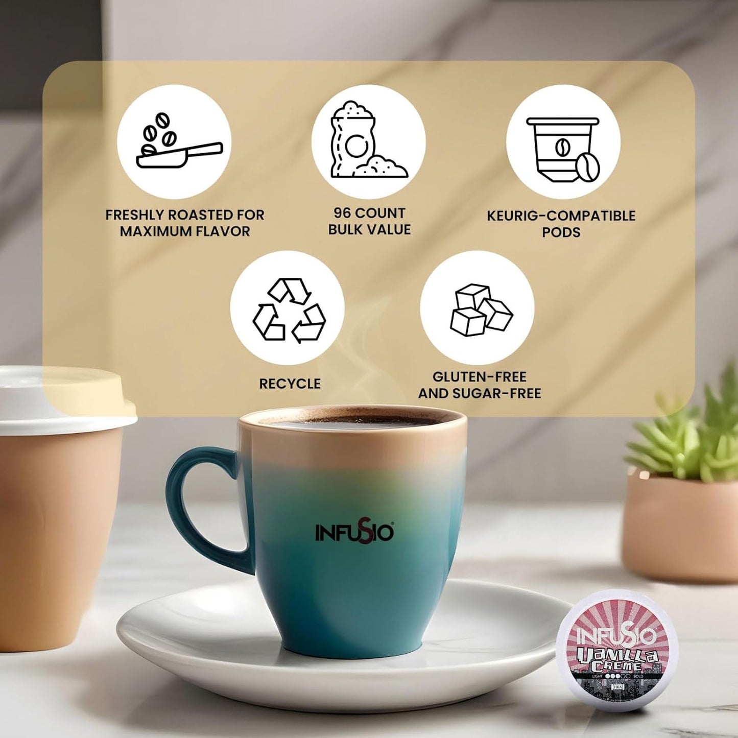 InfuSio Vanilla Crème Medium Roast, 96 Count Pods for Keurig K-Cup Brewers, Compatible with 2.0, Premium Roasted Coffee