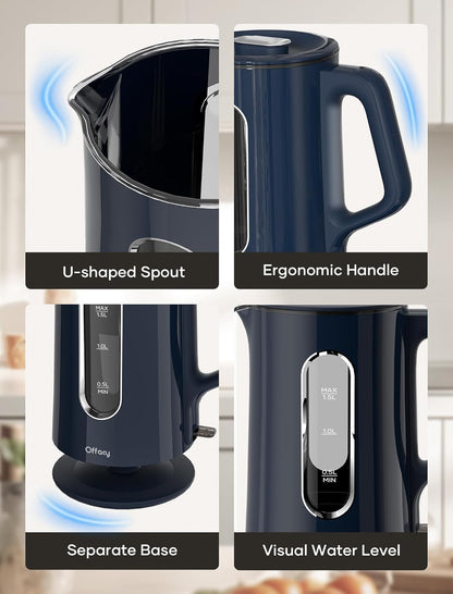 Offacy Electric Kettle, Tea Kettle Pot, Double Wall Glass Inner 1.5L/1200W, Hot Water Kettle Teapot Boiler & Heater with Automatic Shut Off, BPA-Free & LED Indicator Lights (Navy Blue)