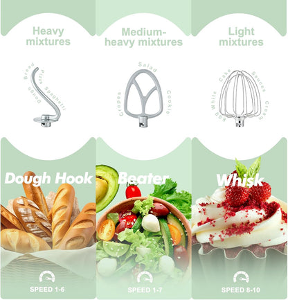 Kitchen in the box Stand Mixer, 4.5QT+5QT Two bowls Electric Food Mixer, 10 Speeds 3-IN-1 Kitchen Mixer for Daily Use with Egg Whisk,Dough Hook,Flat Beater (Pastel Green, 5QT)