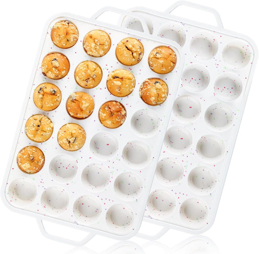 Vinino Mini Muffin Pan with Metal Reinforced Frame-2Pack, Silicone Cupcake Pan for Baking 24 Cup Mini Size, BPA Free Silicone Muffin Tray, Cupcake Baking Pan Molds for Oven Dishwasher Safe - Cream
