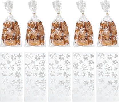 uxcell 100pcs Snowflake Treat Bags, Cookie Bags with Twist Ties for Candy Package Christmas Holiday Winter Party Favors, White