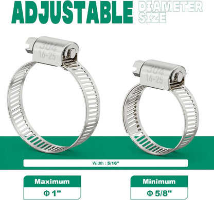 30PCS Hose Clamps Stainless Steel Adjustable 5/8"–1"(16-25mm) Worm Gear Hose Clamp, Heavy Duty Metal Small Hose Clamps for Automotive, Pipe, Radiator Plumbing, Fuel Line