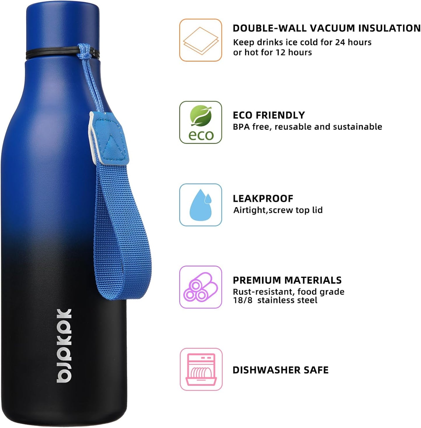 BJPKPK Insulated Water Bottles, 18 oz Stainless Steel Metal Water Bottle with Strap, BPA Free Leak Proof Thermos, Mugs, Flasks, Reusable Water Bottle for Sports & Travel, Blue Black (Pack of 2)