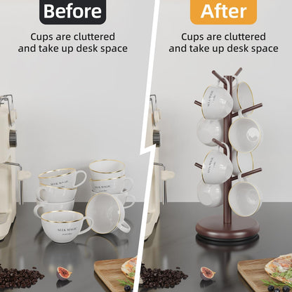 BAMBANG Mug Holder Tree, 360° Rotating 8 Hooks Coffee Cup Holder for Counter, Bamboo Coffee Mug Rack Standing for Kitchen Countertop Home, Espresso