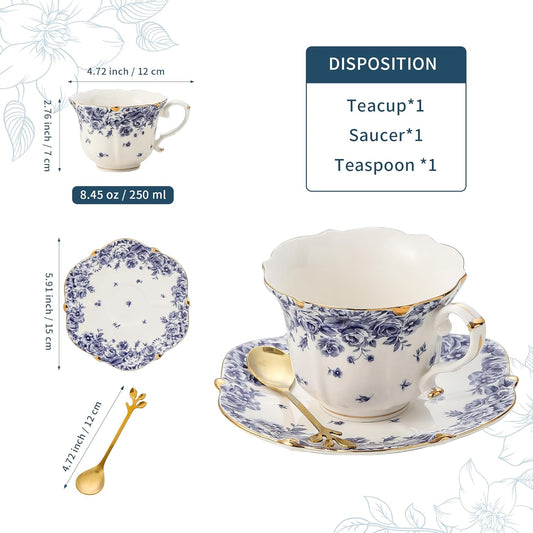 TATSUMI Country Roses Bone China Tea Cup and Saucer Set, 3 Pieces, Vintage Style, For Women and Tea Parties（sky blue，1 set）
