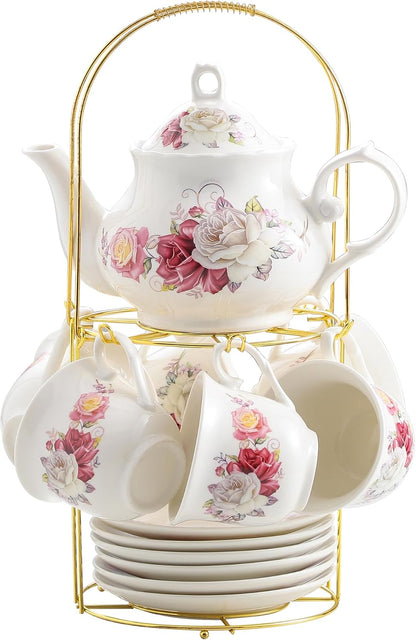 20-Pieces Porcelain Bone china Tea Sets,Gold Rim Coffee Set with Golden Metal Rack,Tea Gift Sets for Home&Party(003)