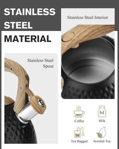 Tea Kettle Stovetop,2.5QT Stainless Steel Whistling Teapot for Stove Top Aesthetic,Portable Water Kettles Camping with Anti-hot Silicone Handle,Suitable for All Heat Sources,Black