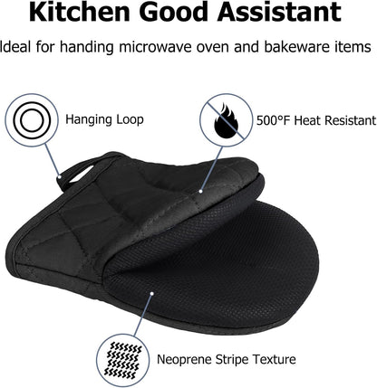 Oven Mitts and Pot Holders Set, Pack of 4, Heat Resistant Silicone Kitchen Mini Oven Mittens for 500 Degrees, Mini Oven Gloves and Hot Pads for Baking Grilling Barbecue Microwave Machine Washable