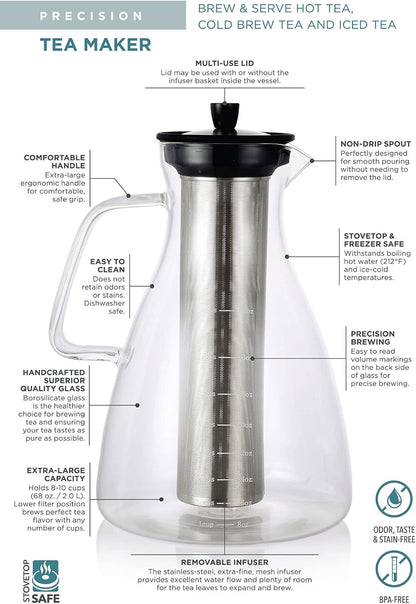 Teabloom Extra-Large Multi-Brew Glass Teapot + Kettle + Pitcher (68 OZ / 2.0 L / 8 CUPS) – For Hot Tea, Iced Tea, Cold Brew Tea and Fruit Infused Water – Volume Markings For Precise Brewing