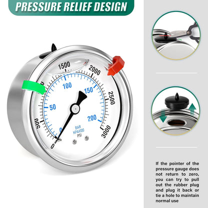 0-3000psi Stainless Steel Glycerin Liquid Filled Pressure Gauge 1/4" NPT 2.5" Face Dial Center Back Mount, for Water, Oil and Air Pressure Testing (with Range Mark Pointer)