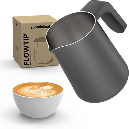 Subminimal FlowTip Milk Jug | Stovetop Milk Frothing, Foaming Pitcher for Premium Barista-Style Coffee at Home | Cappuccino & Latte Art Pouring Jug with Ergonomic Heat Resistant Handle | 450ml, Black