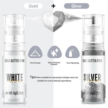 Edible Glitter Spray,2 Colors Silver & White Food Grade Edible Glitter Set for Drink Cake Beverages,Cupcakes,Cake Pops and Cookies Decorating