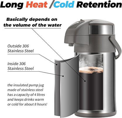 OJOJ 4L/133OZ Thermal Coffee Carafe with Pump, Thermal Beverage Dispenser, Coffee Airpot Stainless Steel Coffee Carafe for Hot Drinks Silver