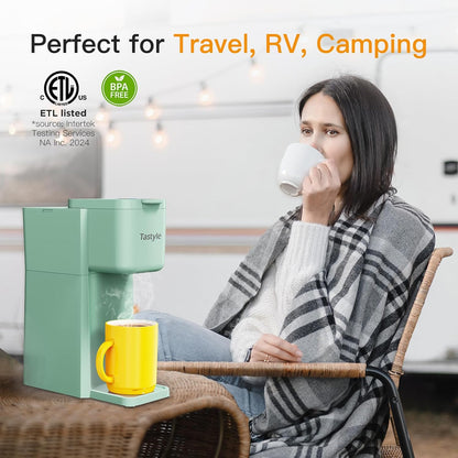 Mini Hot and Iced Coffee Maker Single Serve, for K Cup and Ground, 6 to 14 Oz Brew Sizes, with Recipe Book, for Home, Travel, RV, Office and Dorm, Mint