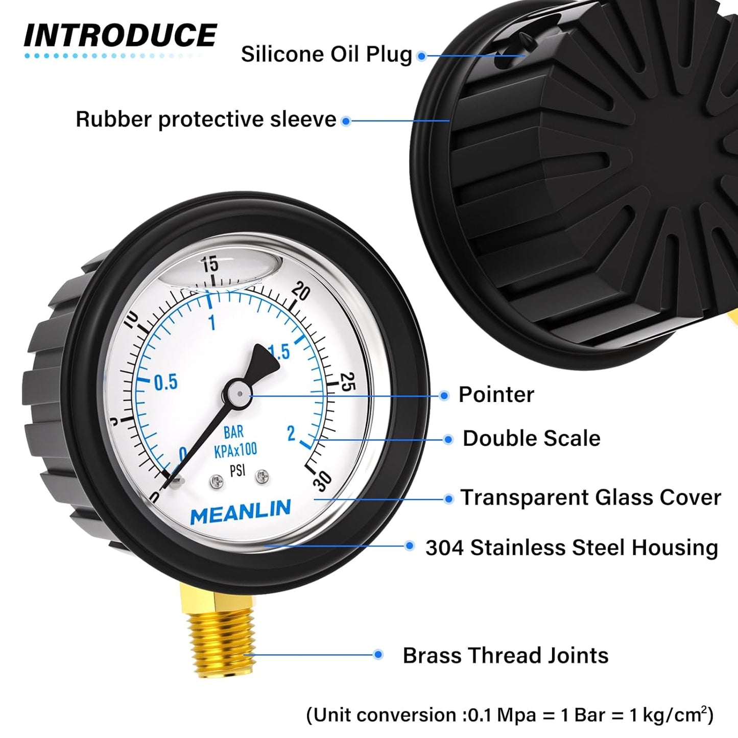 MEANLIN MEASURE 0~30Psi Stainless Steel 1/4" NPT 2.5" FACE DIAL Liquid Filled Pressure Gauge, Lower Mount (with Rubber Protective Sleeve), with 1/2" NPT and 3/8" NPT Hex Bushing